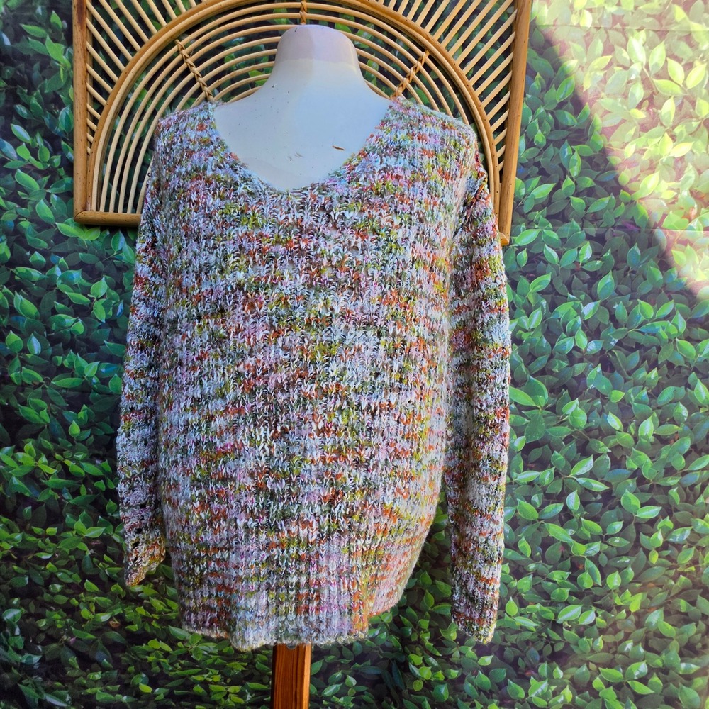 Chelsea & Theodore Womens Large V-Neck Space Dye Knit Sweater Multi-Color Boho